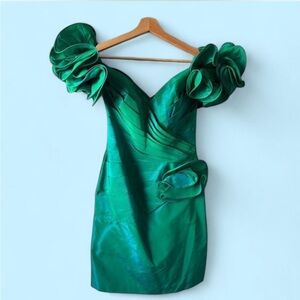 Vintage Tadashi Vibrant Green Mini Party Dress with Pleated Details and Ruffles